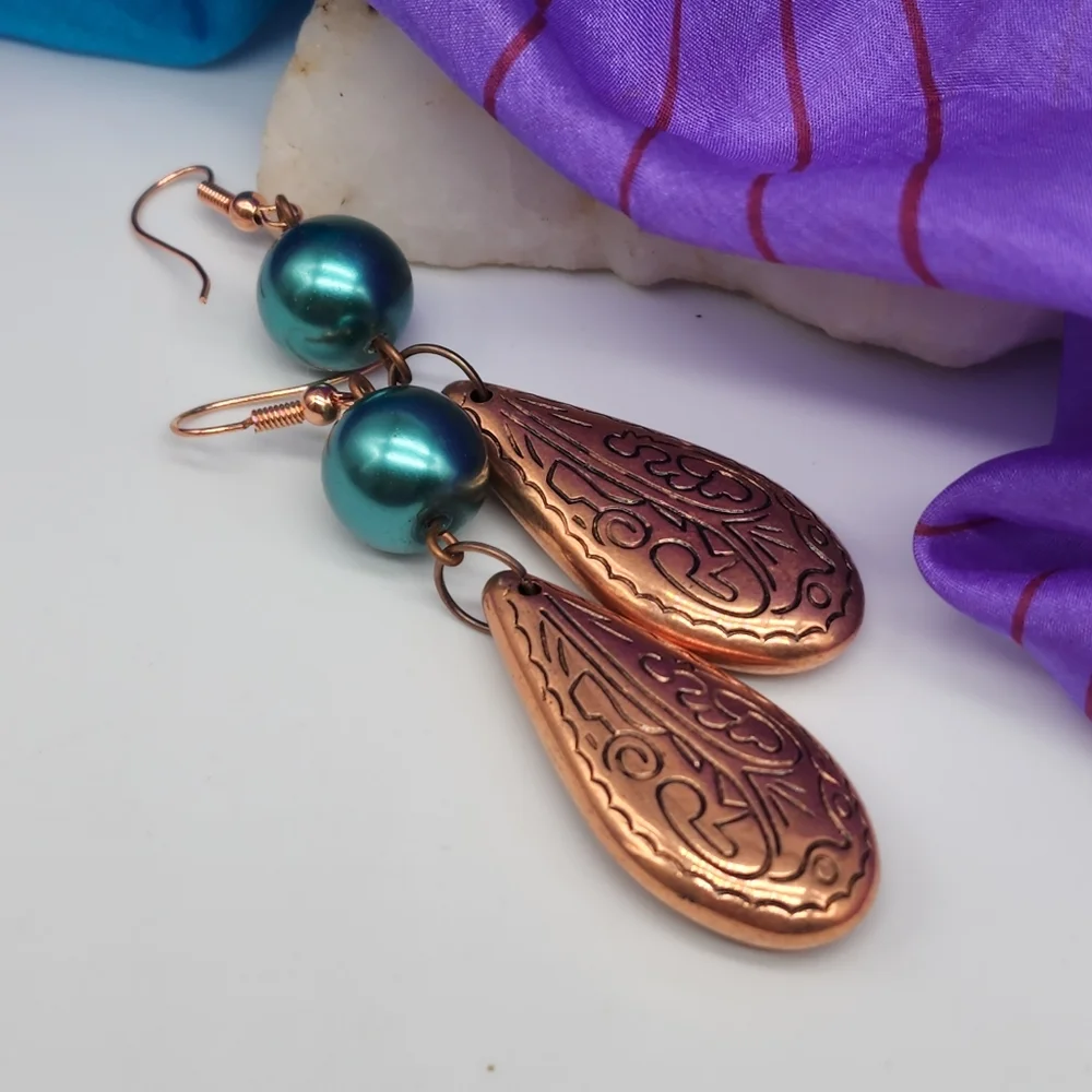 ❤️  Bohemian Jewelry Dangling Teardrops Copper Earrings Faux Pearls